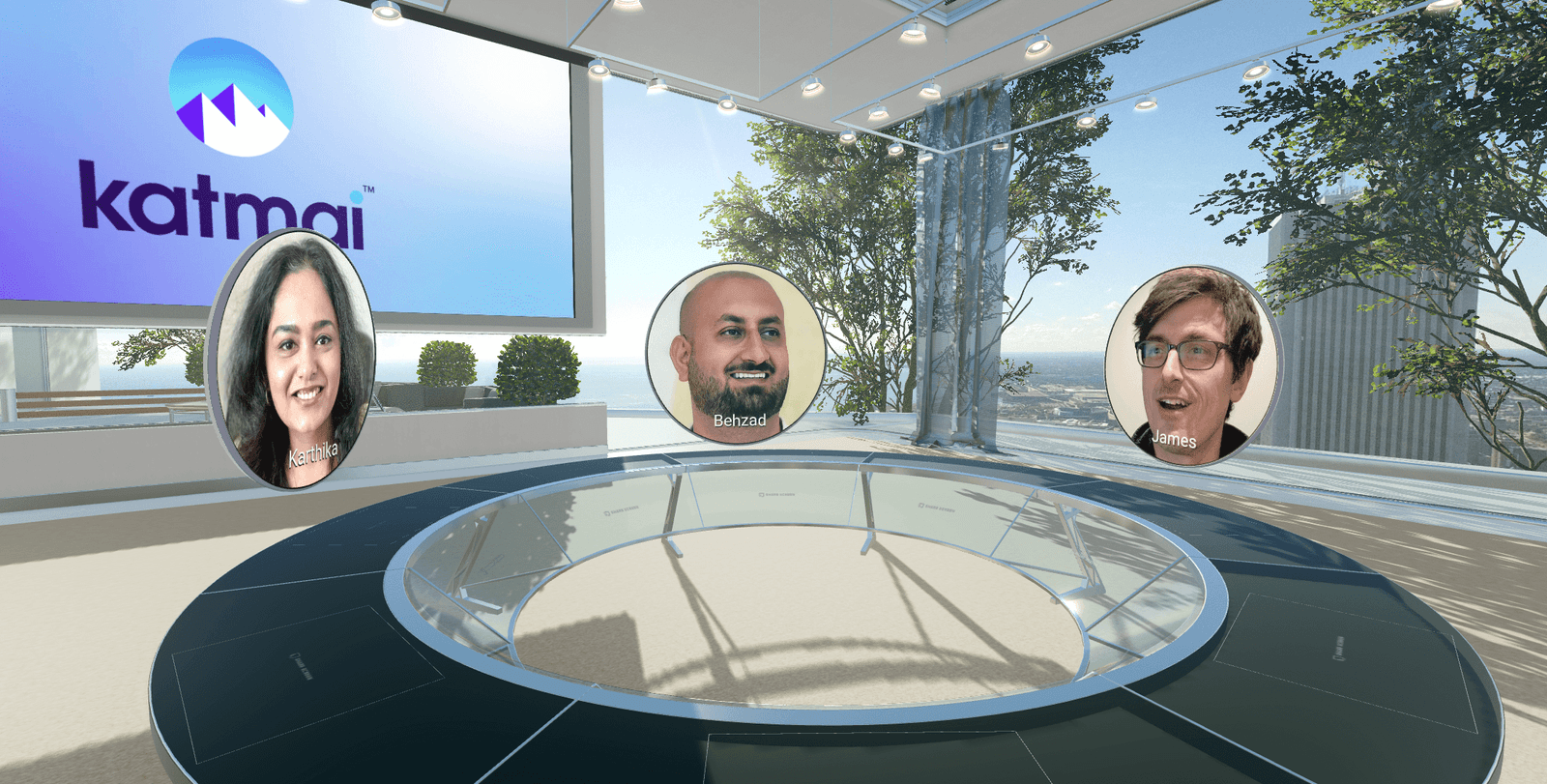 A virtual office in a 3D space with webcam avatars of employees.